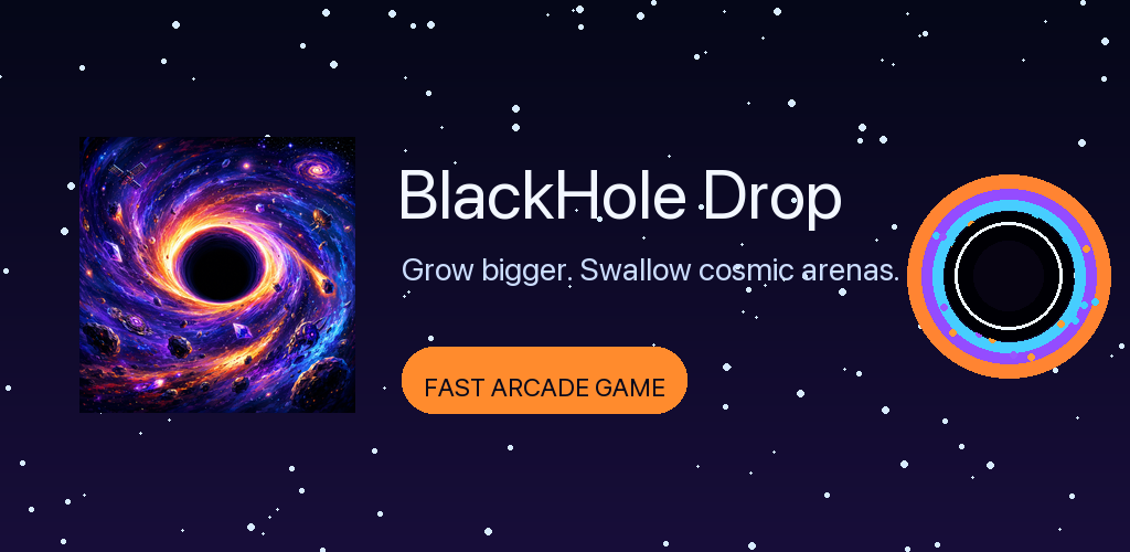 BlackHole Drop feature artwork with title, black hole, and space debris