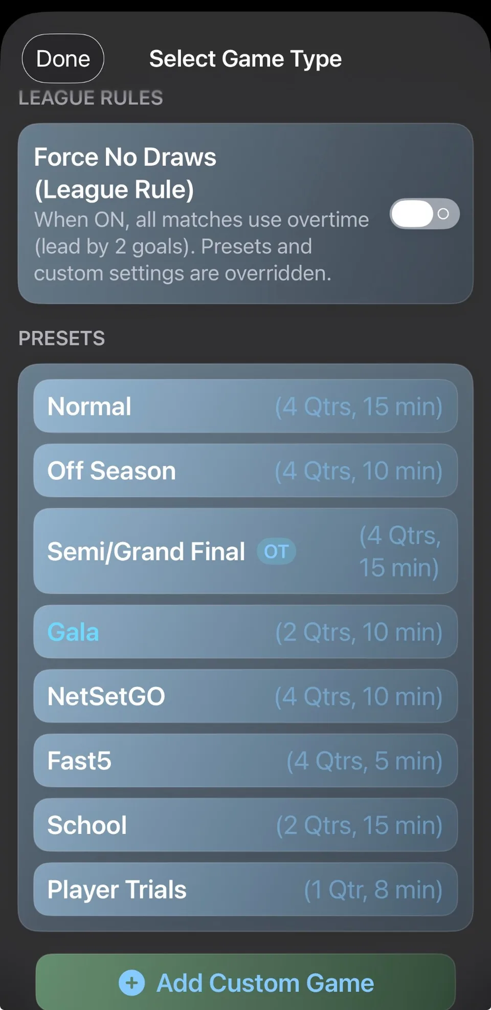 Netball Scoreboard screenshot showing game options