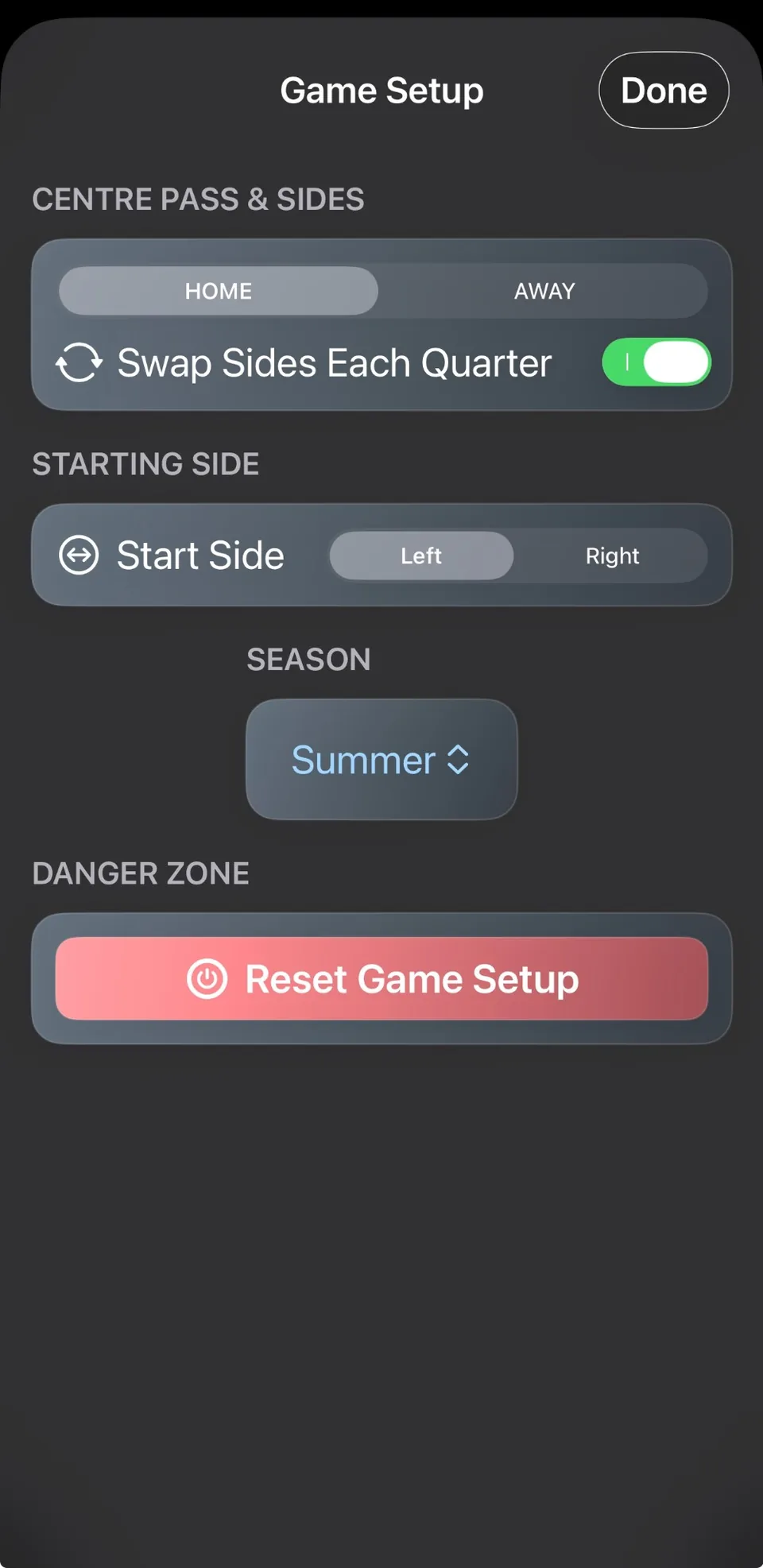 Netball Scoreboard screenshot showing history and sharing